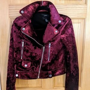 Red crushed velvet moto jacket